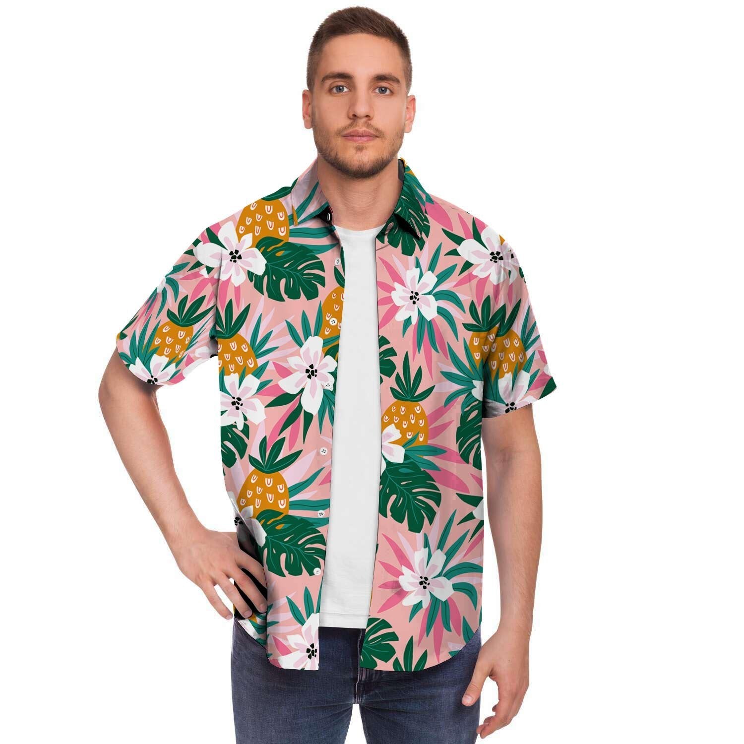 Tropical Flower Hawaiian Pineapple Print Men's Short Sleeve Shirt-grizzshop
