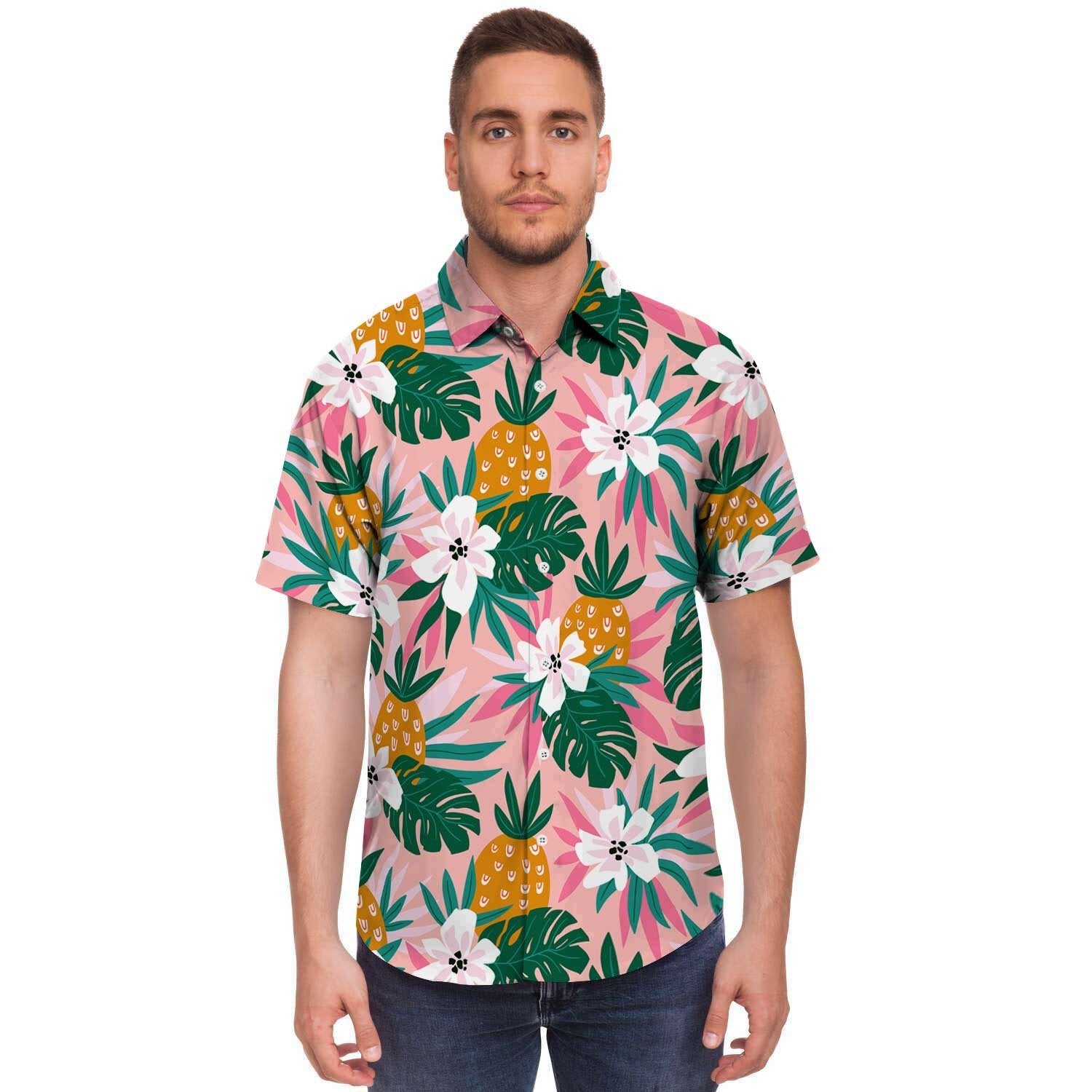 Tropical Flower Hawaiian Pineapple Print Men's Short Sleeve Shirt-grizzshop