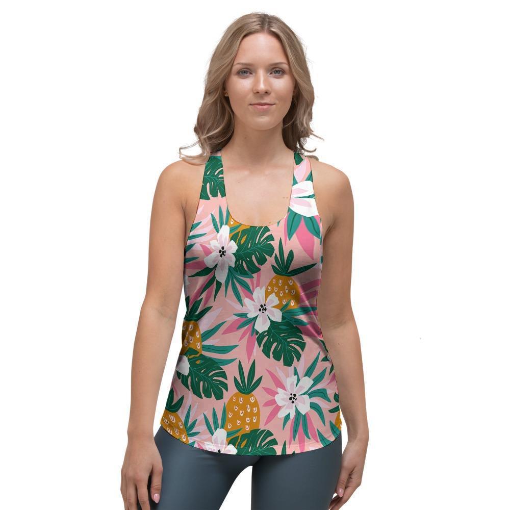 Tropical Flower Hawaiian Pineapple Print Women's Racerback Tank Top-grizzshop