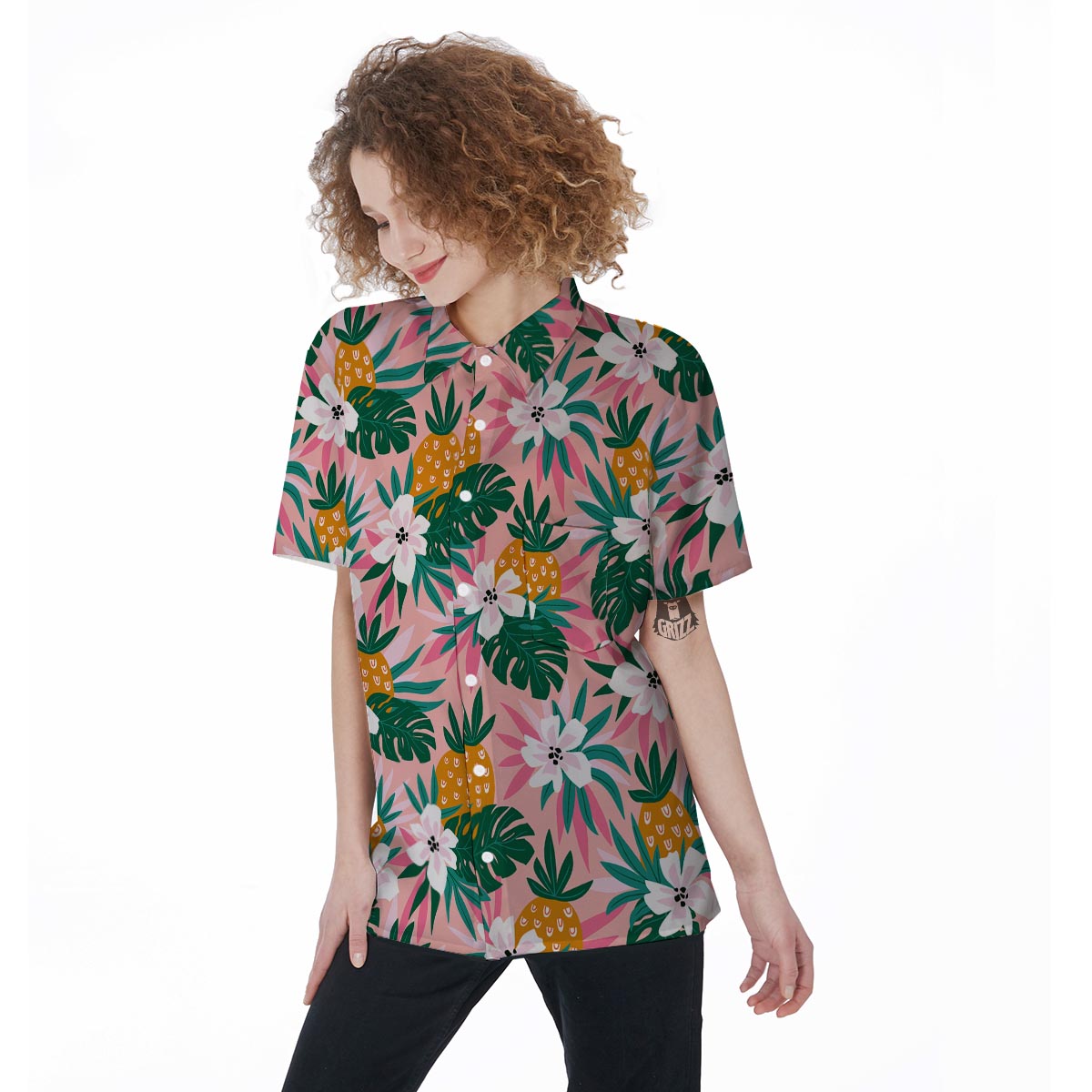 Tropical Flower Hawaiian Pineapple Print Women's Short Sleeve Shirts-grizzshop