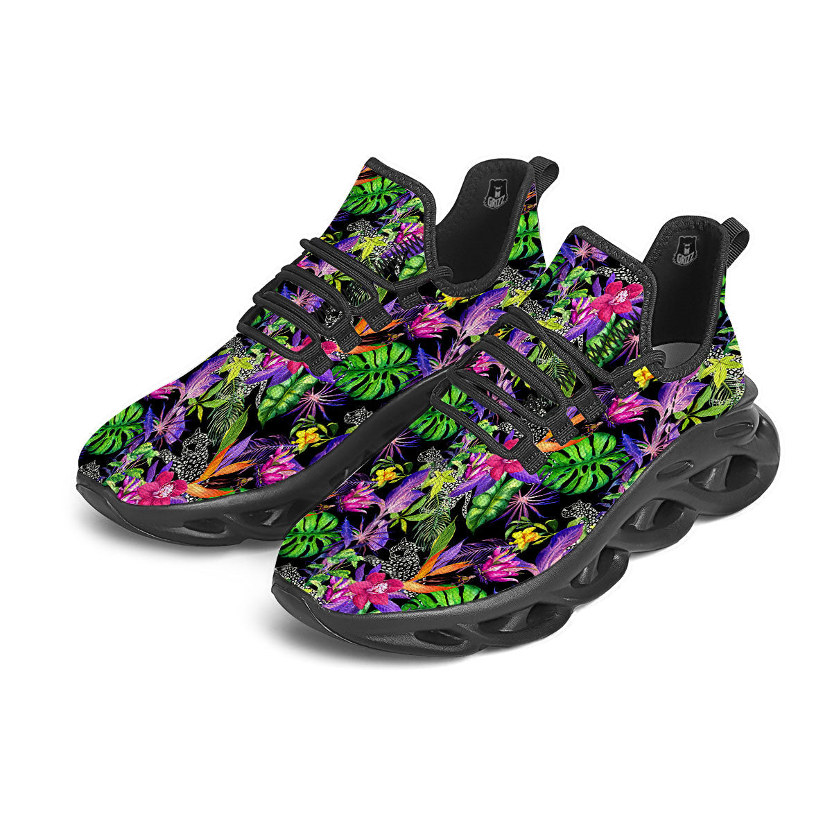 Tropical Flower Leaf Light Print Pattern Black Running Shoes-grizzshop