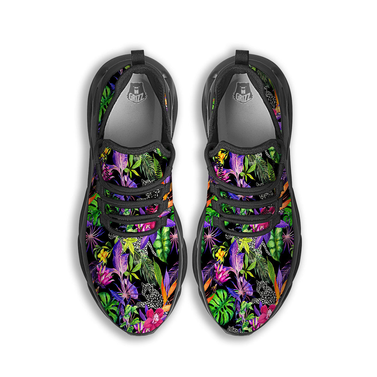 Tropical Flower Leaf Light Print Pattern Black Running Shoes-grizzshop