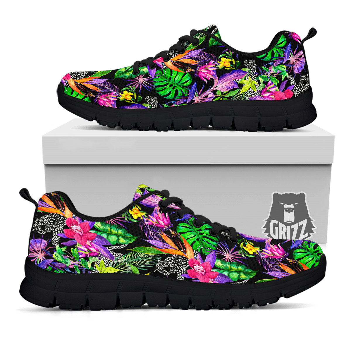 Tropical Flower Leaf Light Print Pattern Black Sneaker-grizzshop