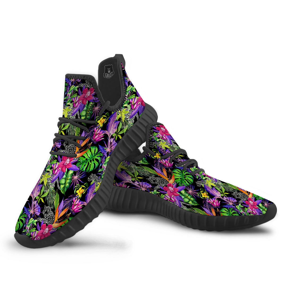 Tropical Flower Leaf Light Print Pattern Black Walking Shoes-grizzshop