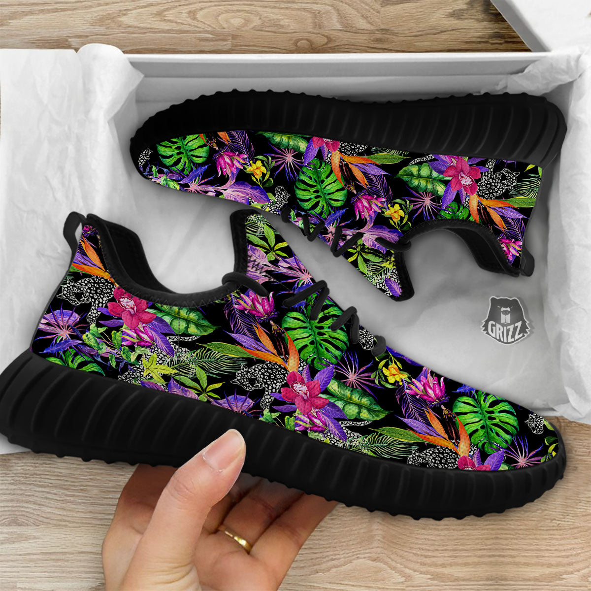 Tropical Flower Leaf Light Print Pattern Black Walking Shoes-grizzshop