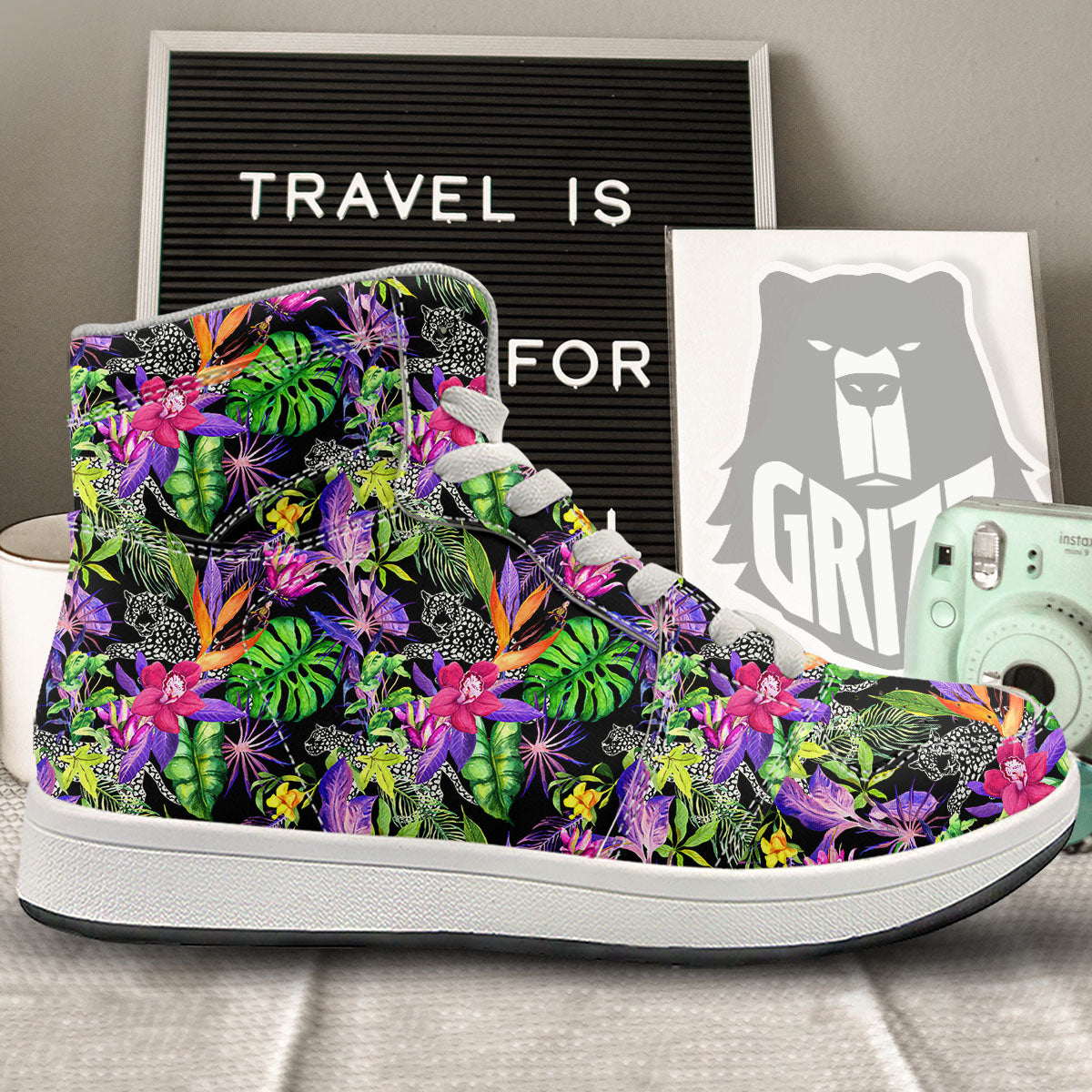 Tropical Flower Leaf Light Print Pattern High Top Sneakers-grizzshop