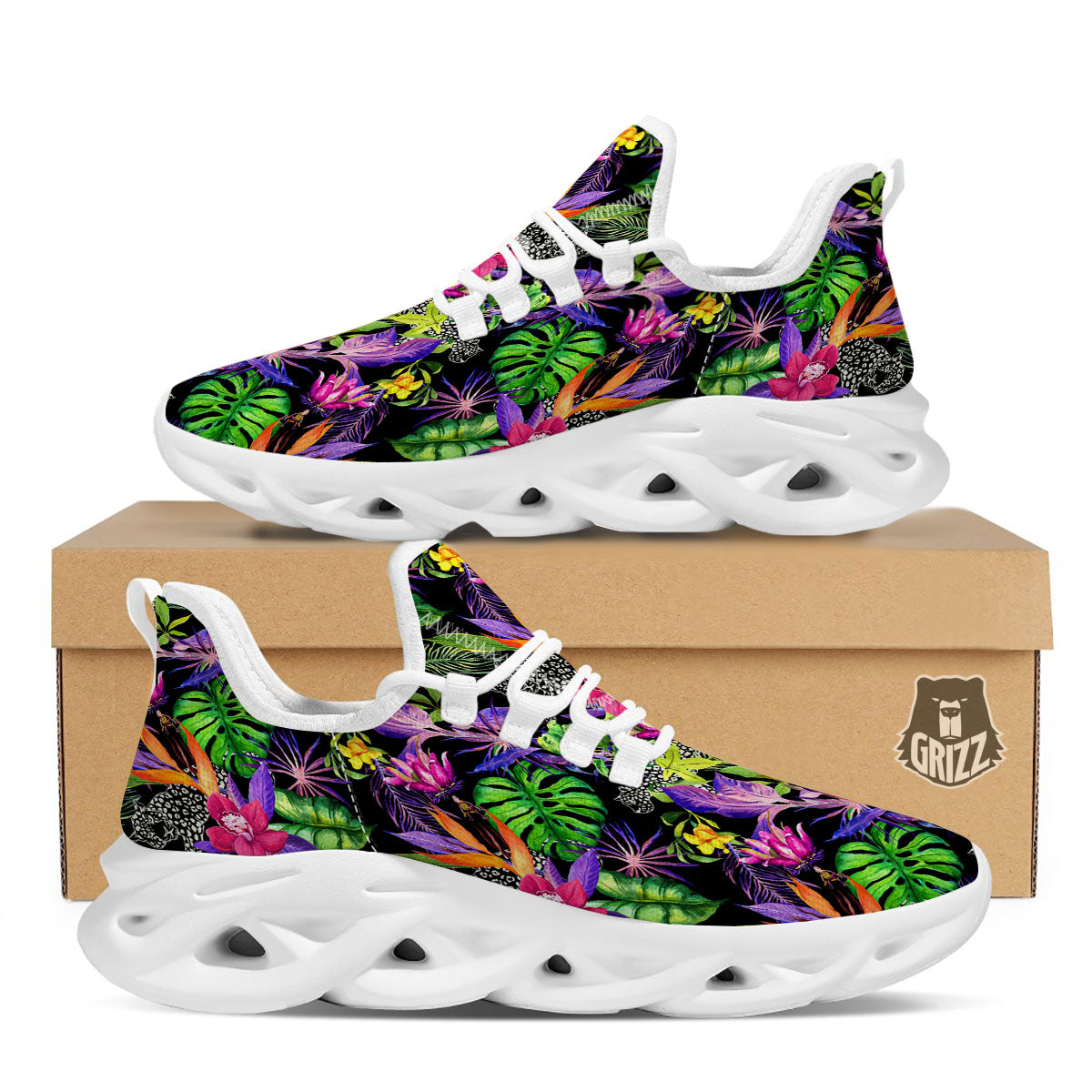Tropical Flower Leaf Light Print Pattern White Running Shoes-grizzshop
