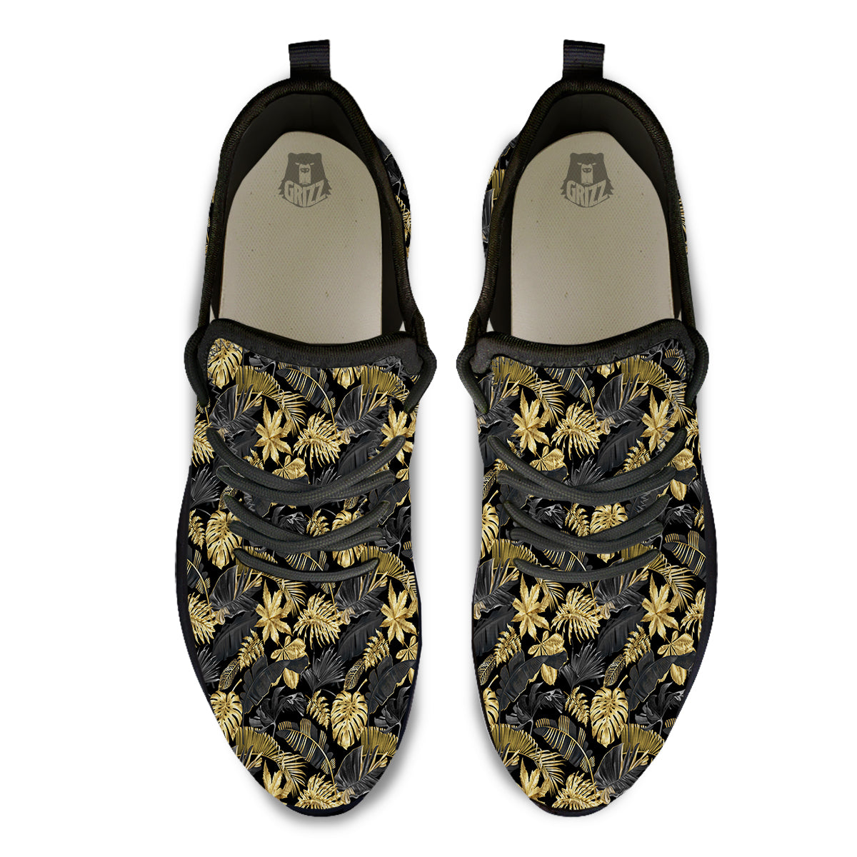 Tropical Gold And Black Print Pattern Black Athletic Shoes-grizzshop