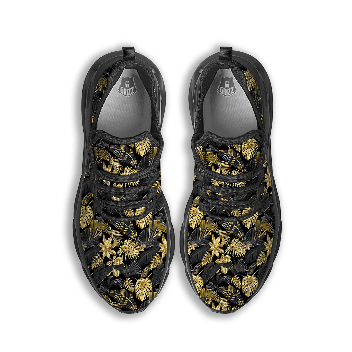 Tropical Gold And Black Print Pattern Black Running Shoes-grizzshop