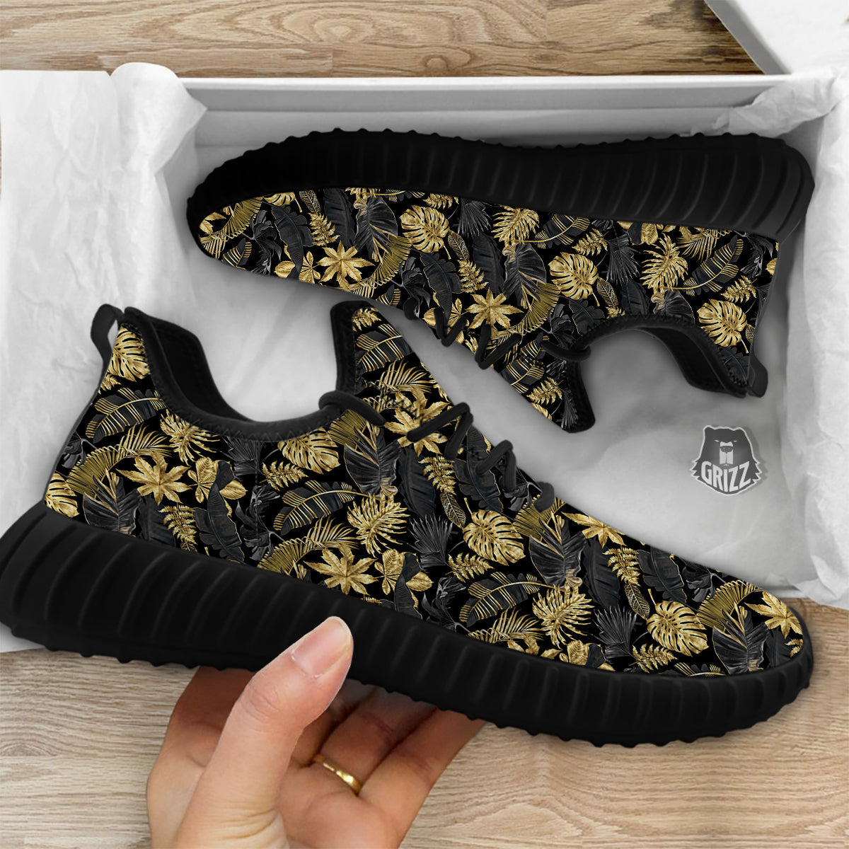 Tropical Gold And Black Print Pattern Black Walking Shoes-grizzshop