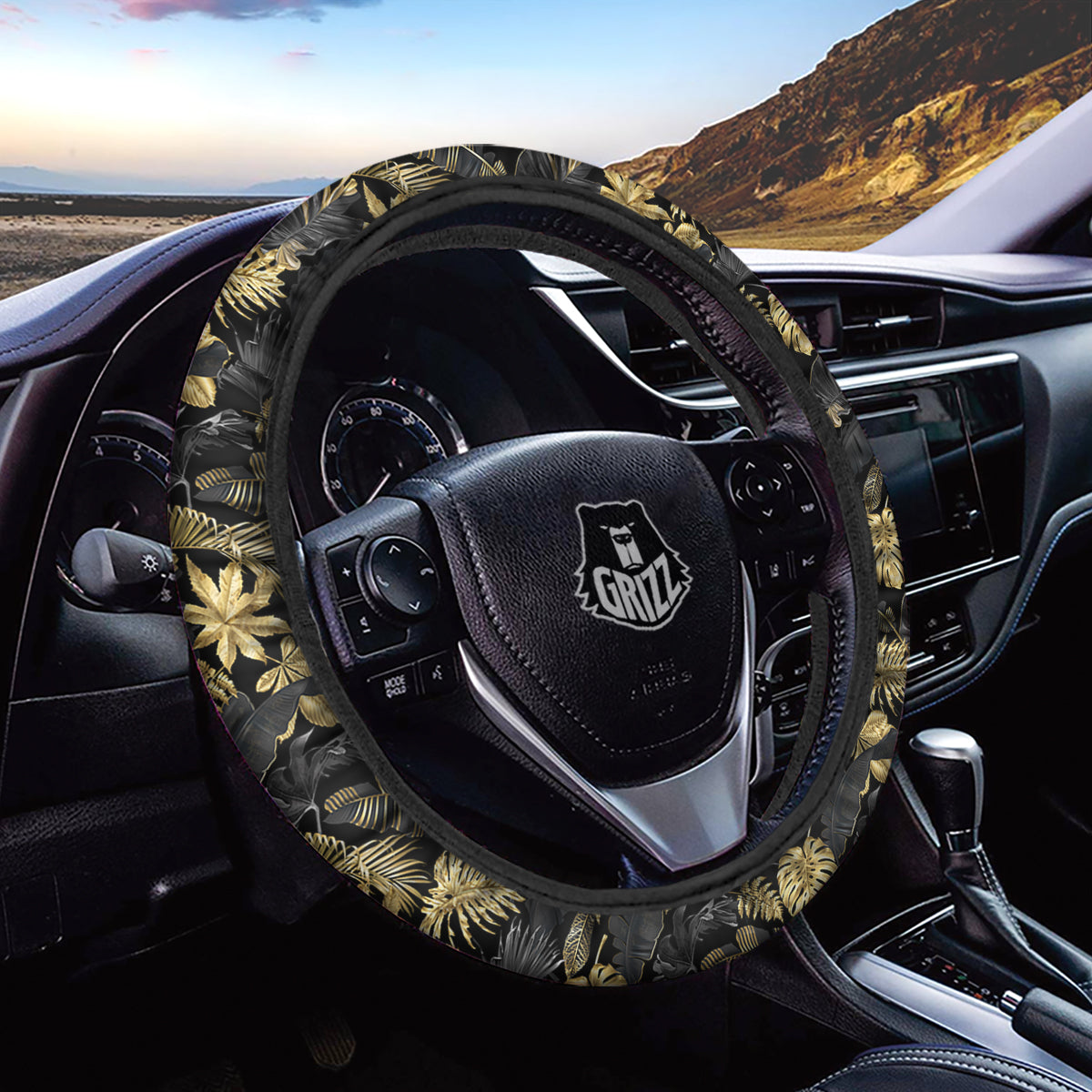Tropical Gold And Black Print Pattern Car Steering Wheel Cover-grizzshop