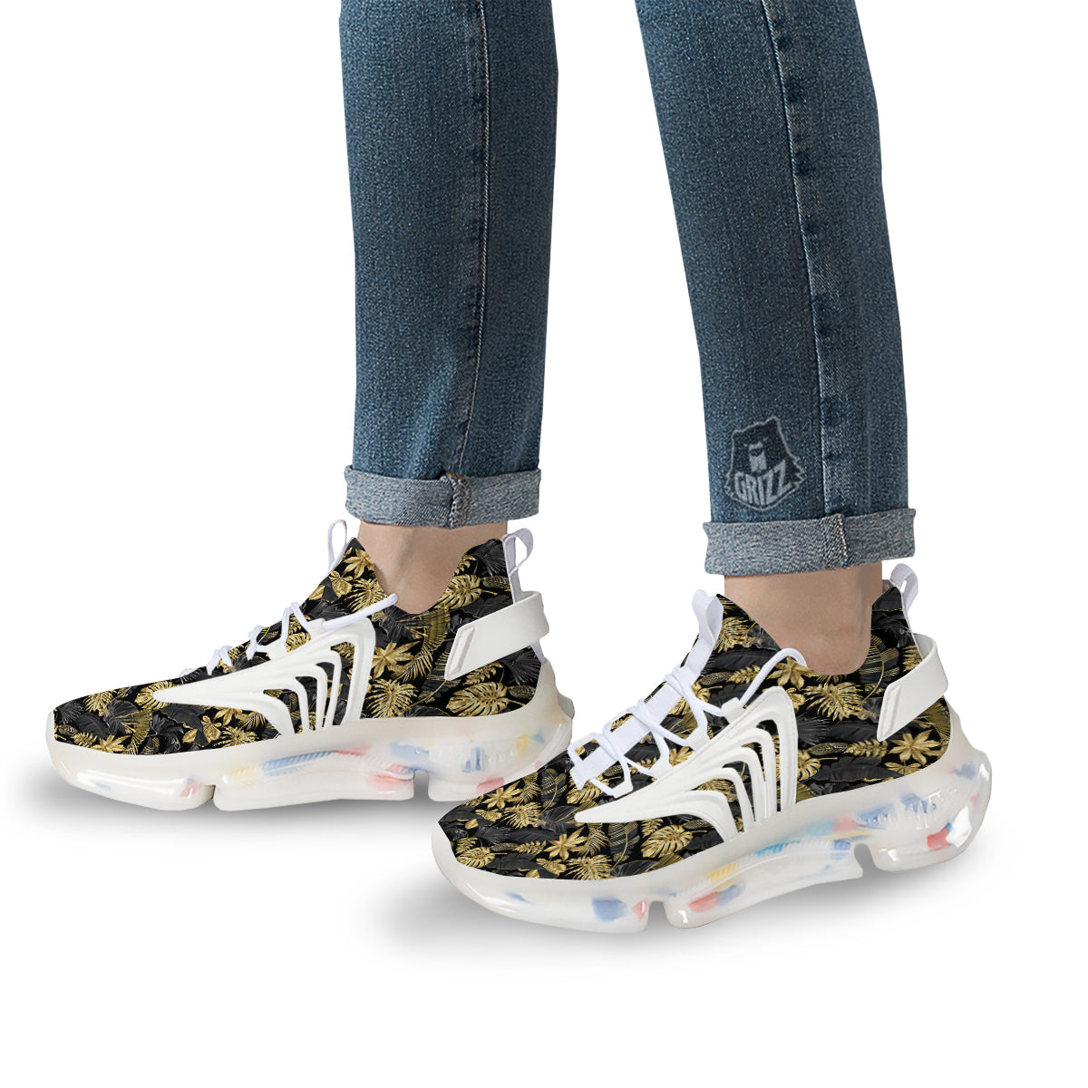 Tropical Gold And Black Print Pattern White Gym Shoes-grizzshop