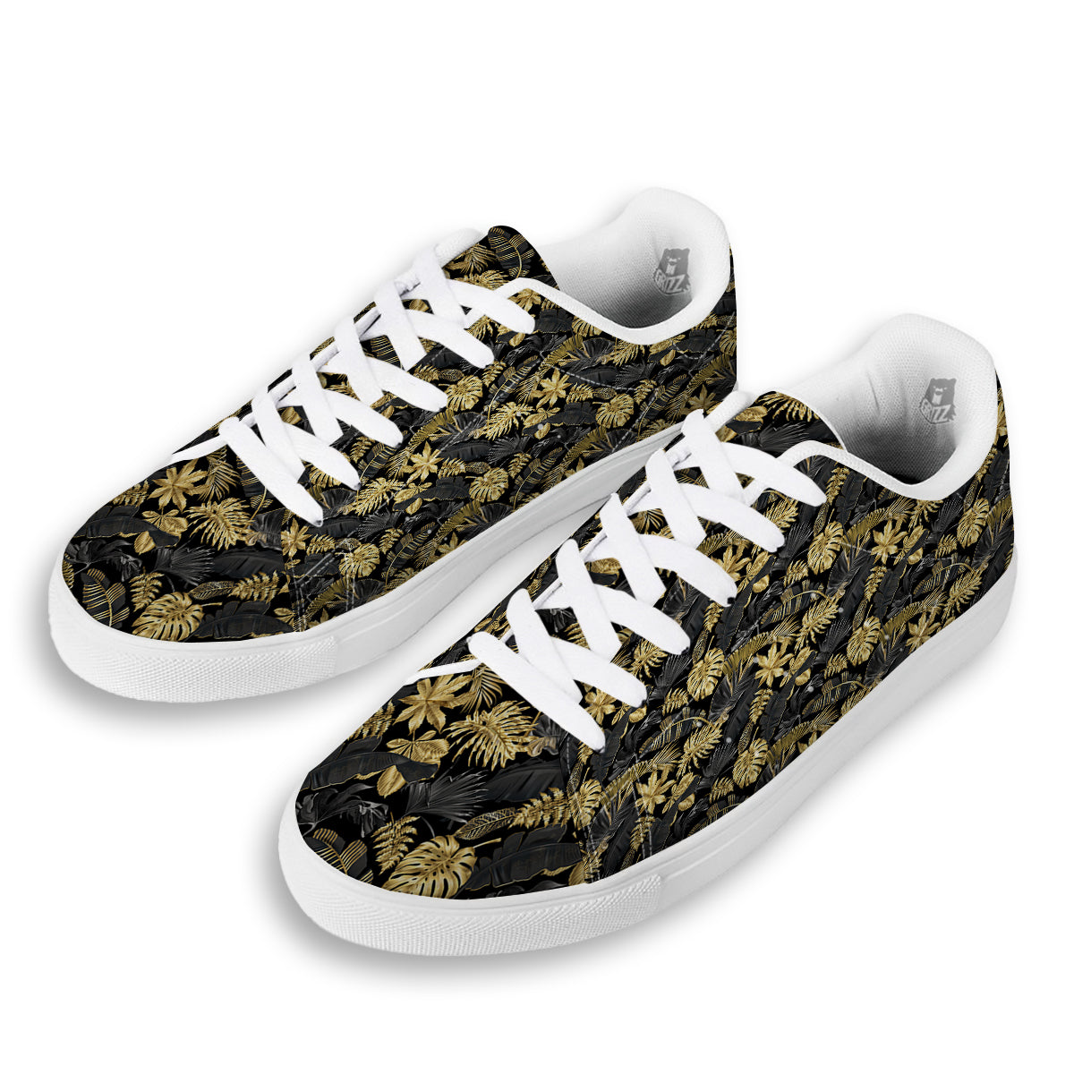 Tropical Gold And Black Print Pattern White Low Top Sneakers-grizzshop