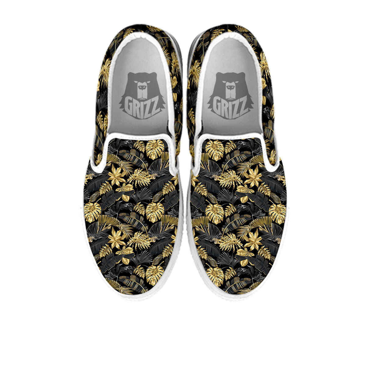 Tropical Gold And Black Print Pattern White Slip On Shoes-grizzshop