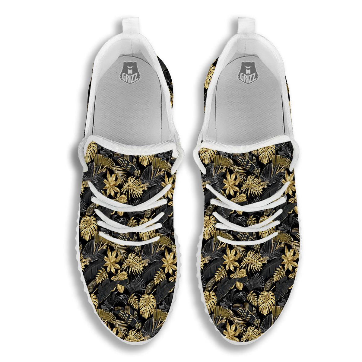 Tropical Gold And Black Print Pattern White Walking Shoes-grizzshop
