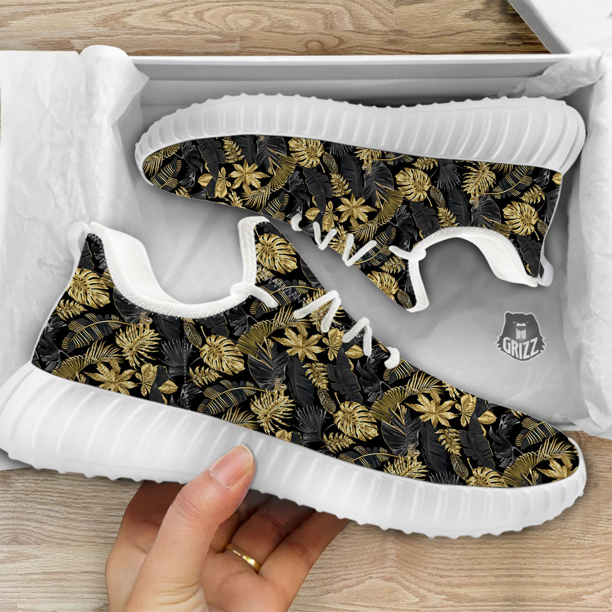 Tropical Gold And Black Print Pattern White Walking Shoes-grizzshop