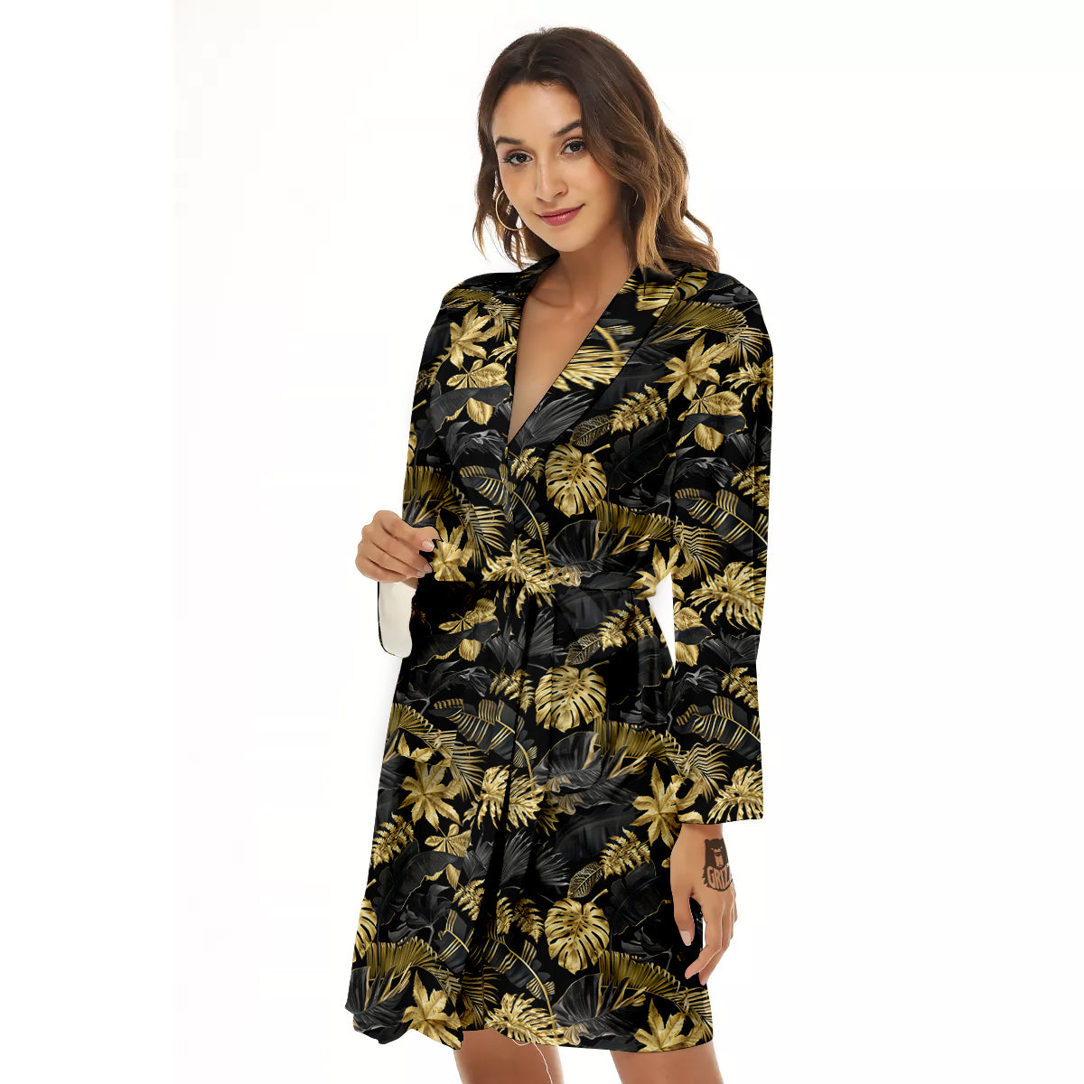 Tropical Gold And Black Print Pattern Women's Robe-grizzshop