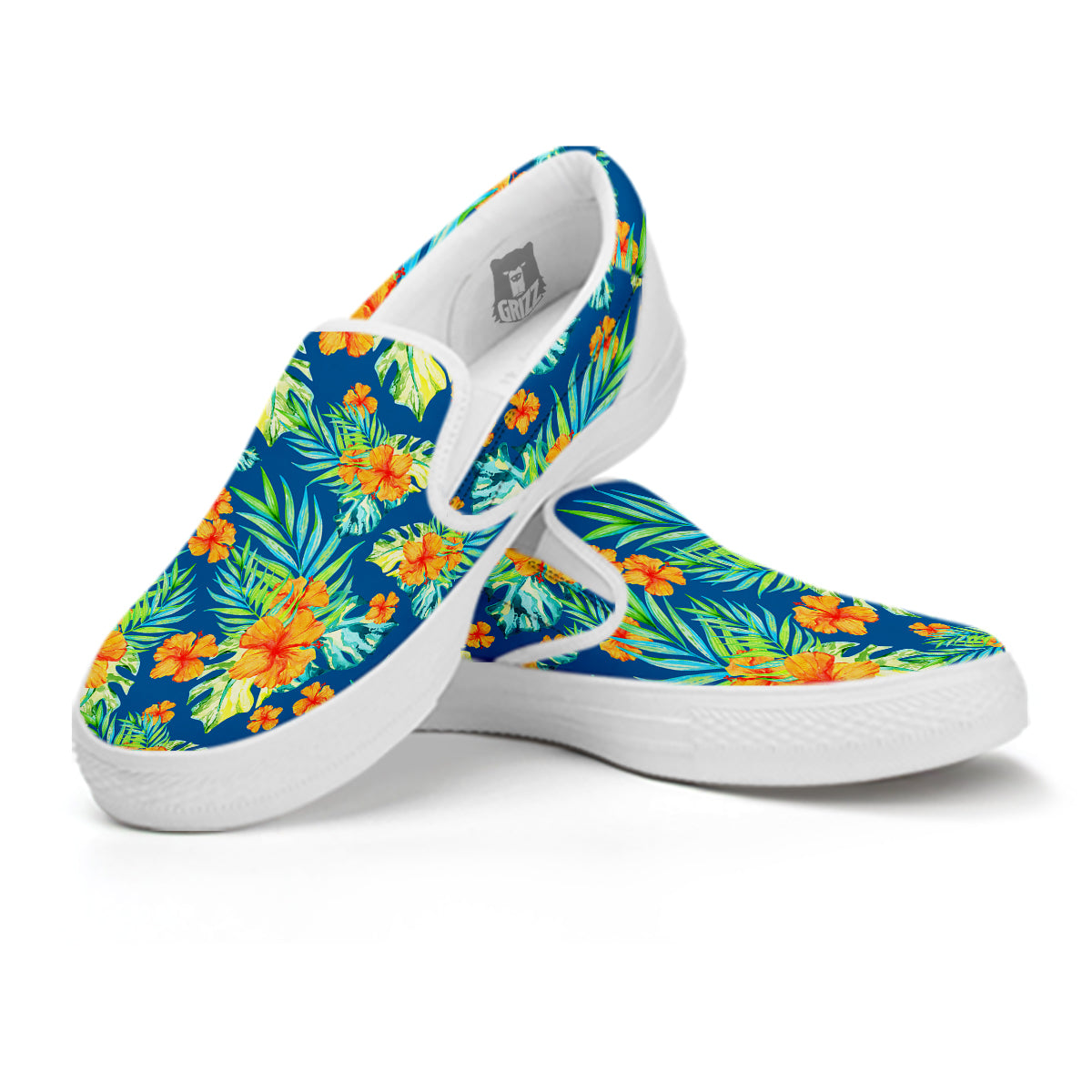 Tropical Hawaiian Blue Orange Print Pattern White Slip On Shoes-grizzshop