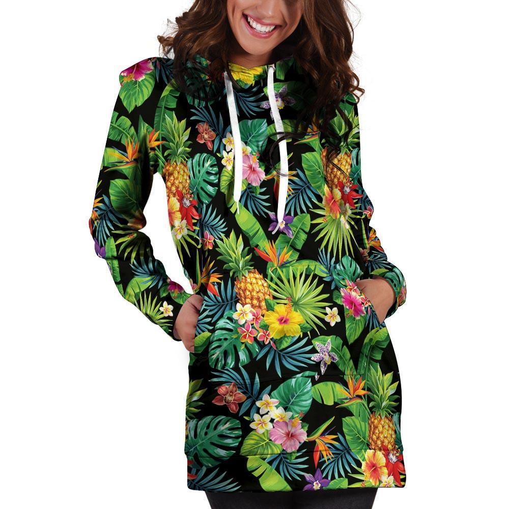 Tropical Hawaiian Floral Print Hoodie Dress-grizzshop