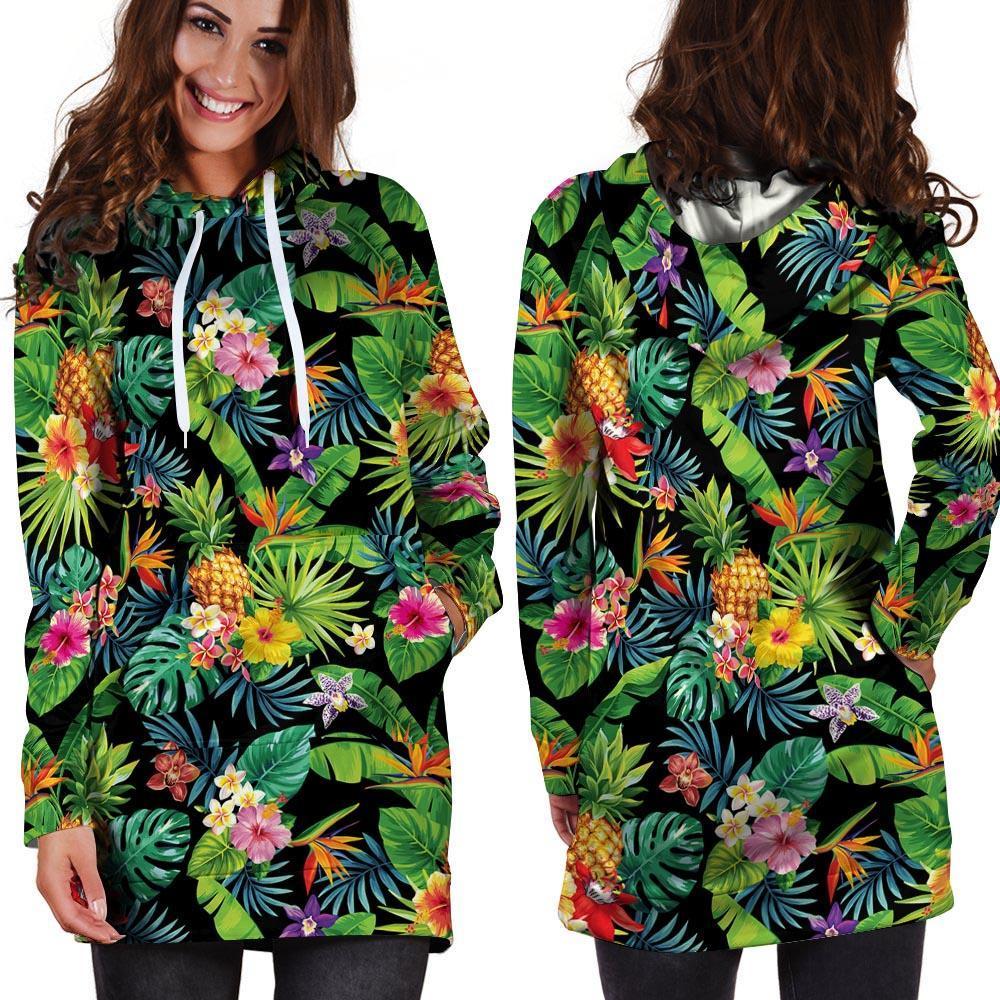 Tropical Hawaiian Floral Print Hoodie Dress-grizzshop
