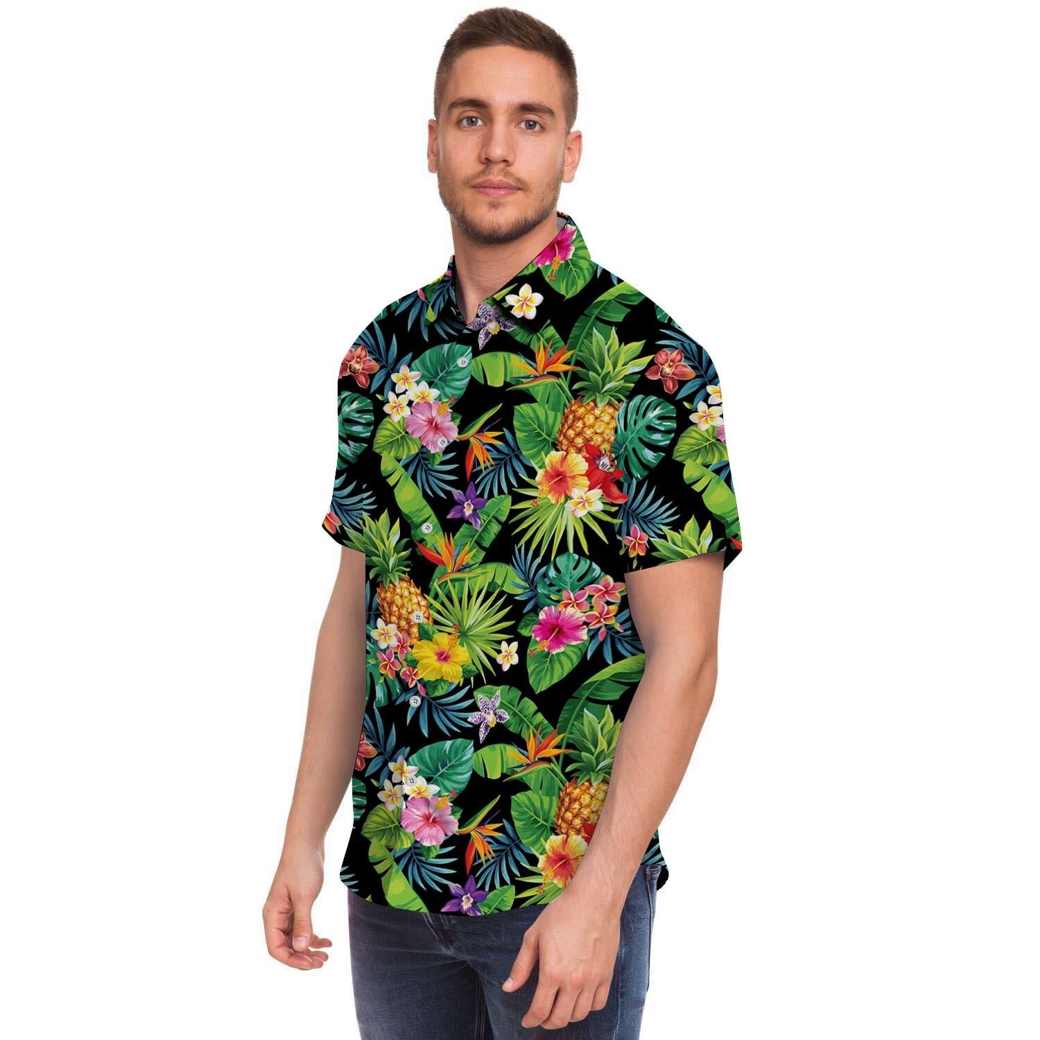 Tropical Hawaiian Floral Print Men's Short Sleeve Shirt-grizzshop