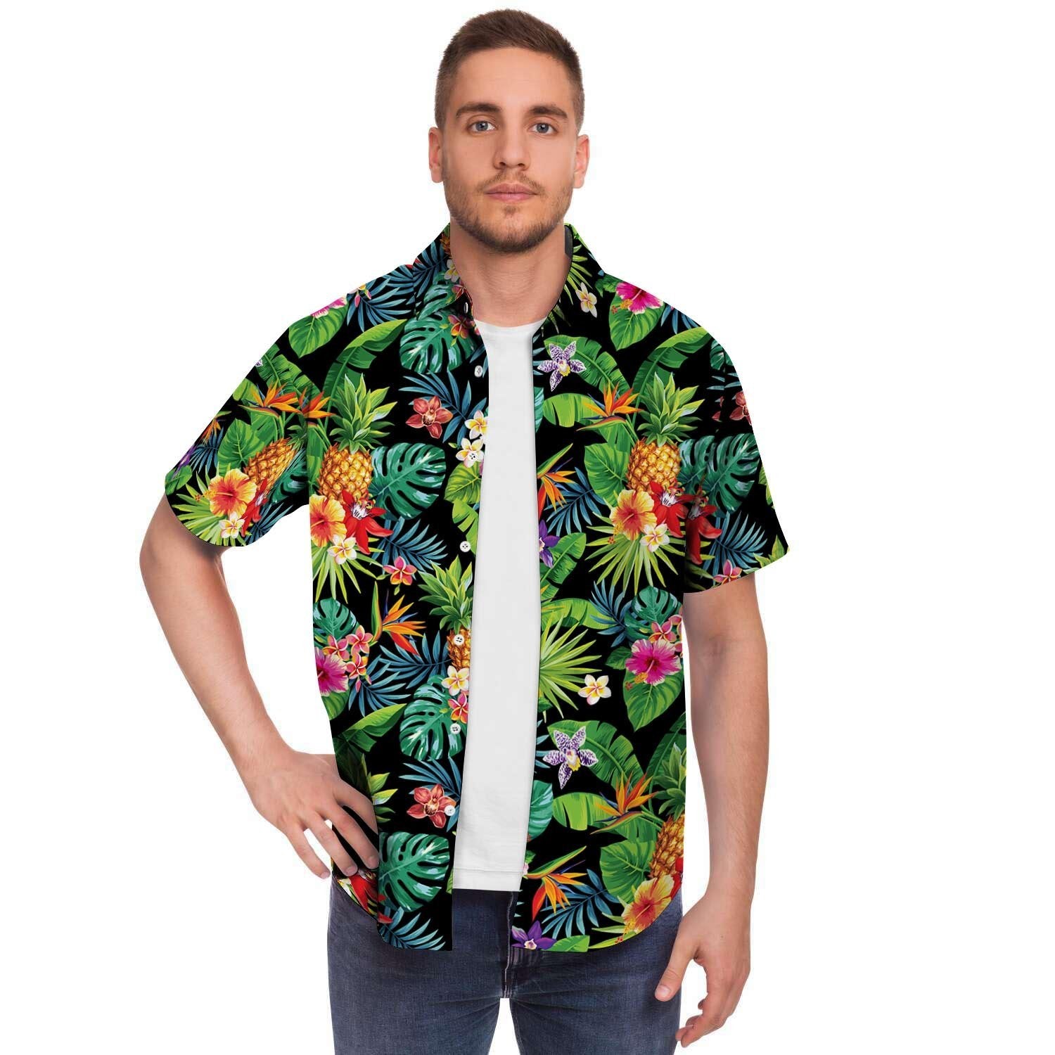 Tropical Hawaiian Floral Print Men's Short Sleeve Shirt-grizzshop