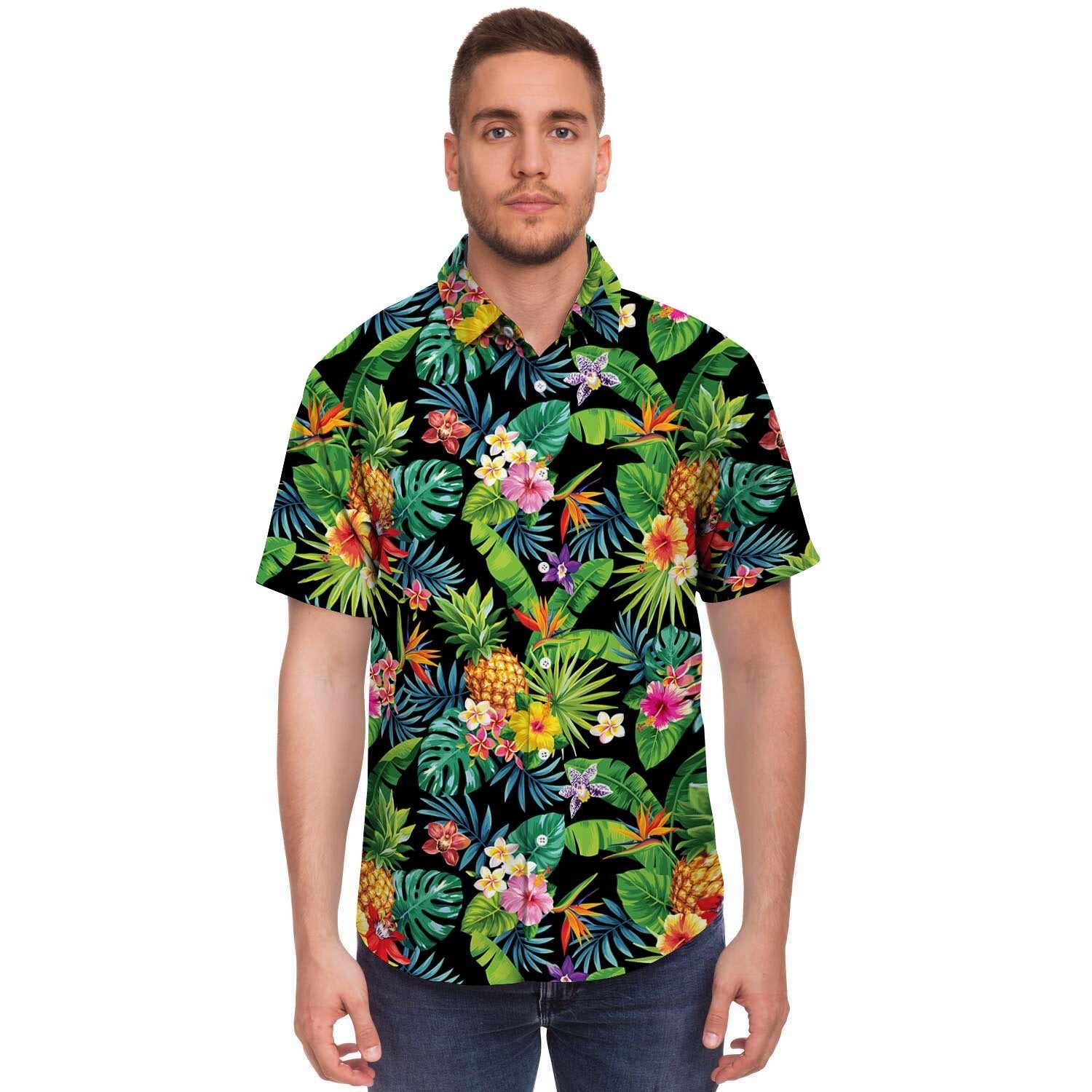Tropical Hawaiian Floral Print Men's Short Sleeve Shirt-grizzshop