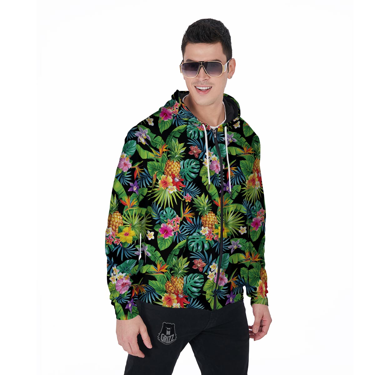 Tropical Hawaiian Floral Print Men's Zip Up Hoodie-grizzshop