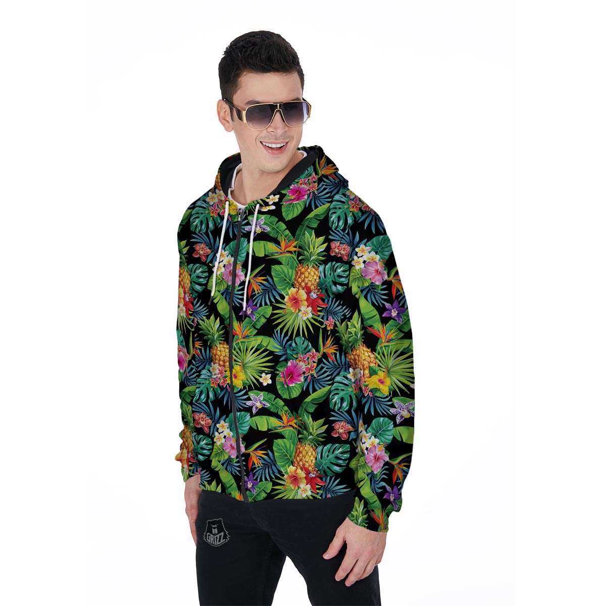 Tropical Hawaiian Floral Print Men's Zip Up Hoodie-grizzshop