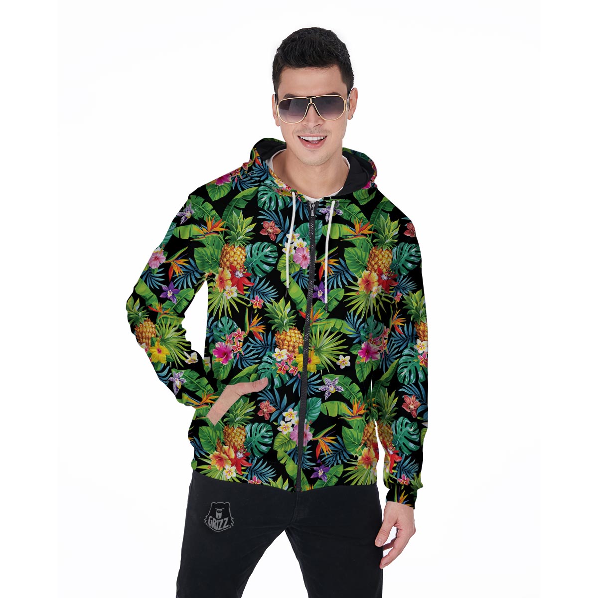 Tropical Hawaiian Floral Print Men's Zip Up Hoodie-grizzshop