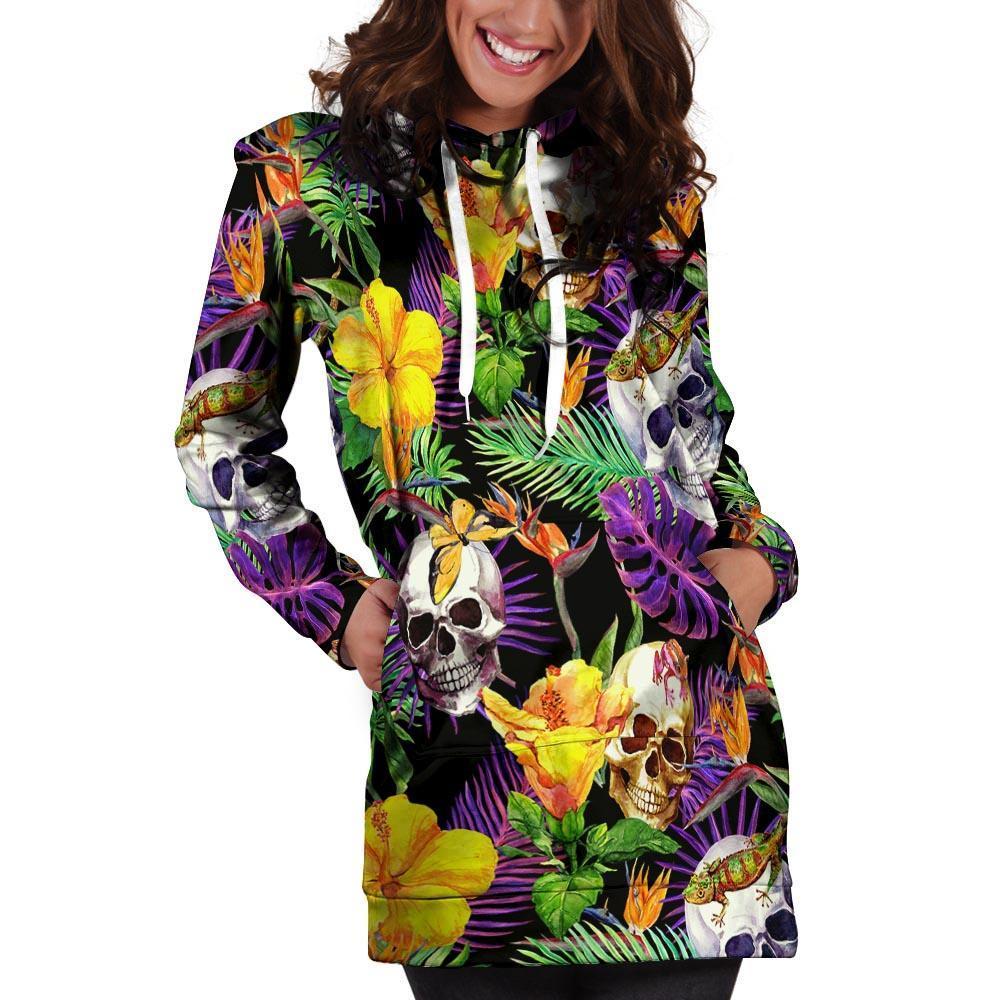 Tropical Hawaiian Skull Hoodie Dress-grizzshop
