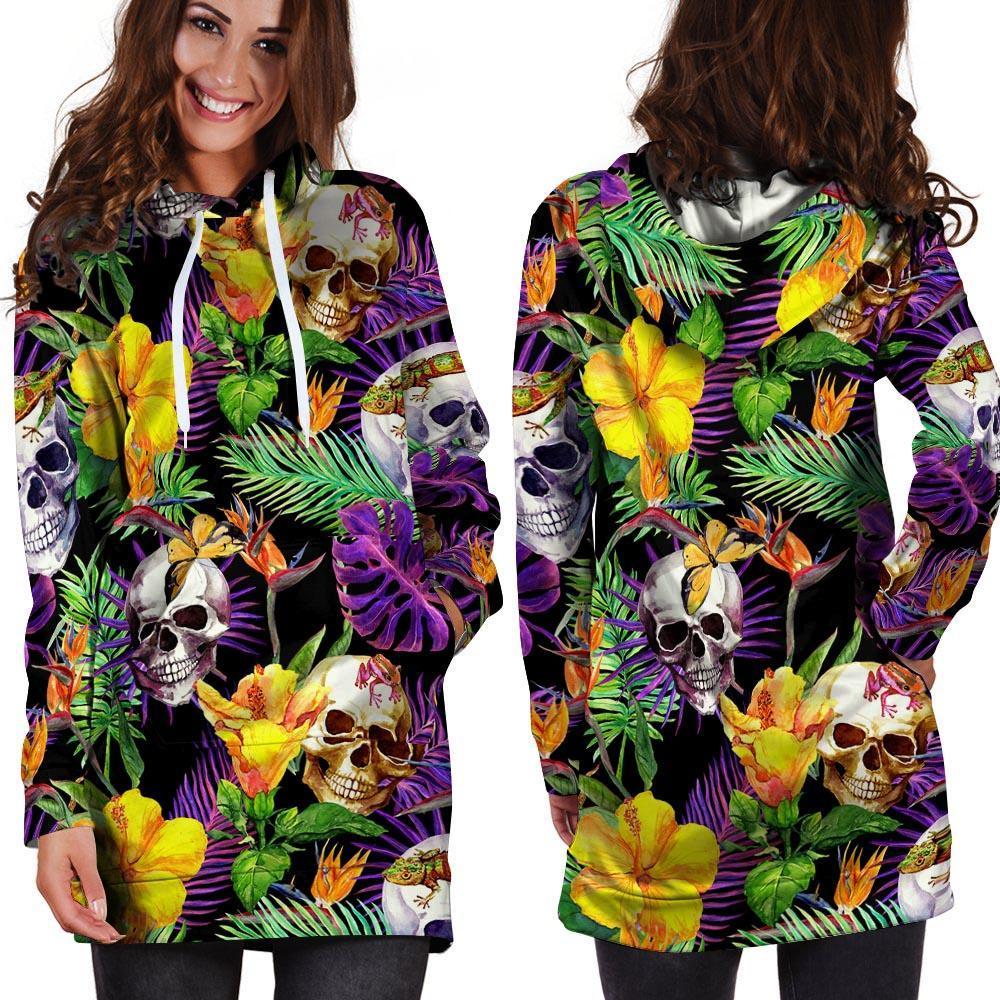 Tropical Hawaiian Skull Hoodie Dress-grizzshop