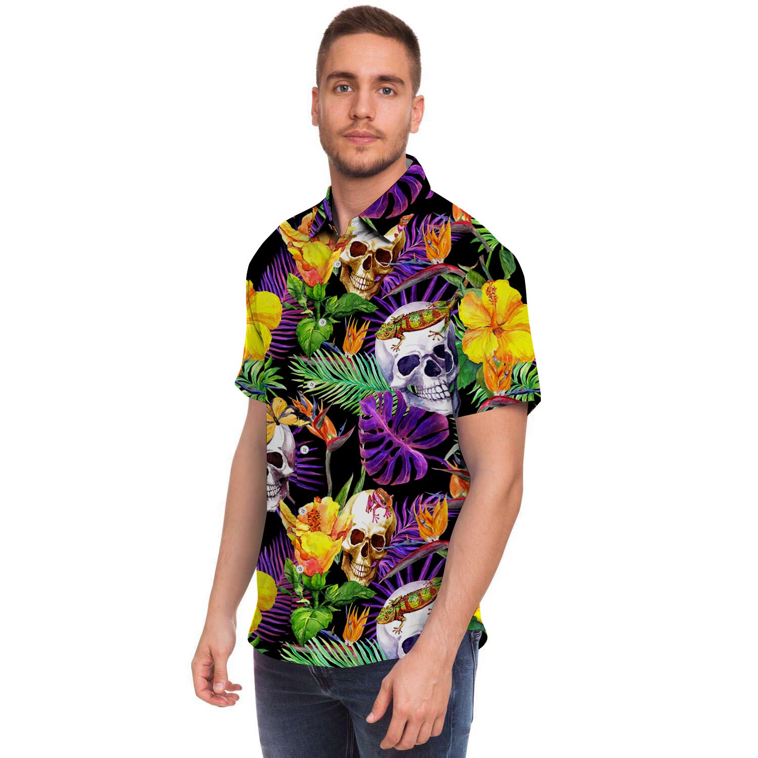 Tropical Hawaiian Skull Men's Short Sleeve Shirt-grizzshop