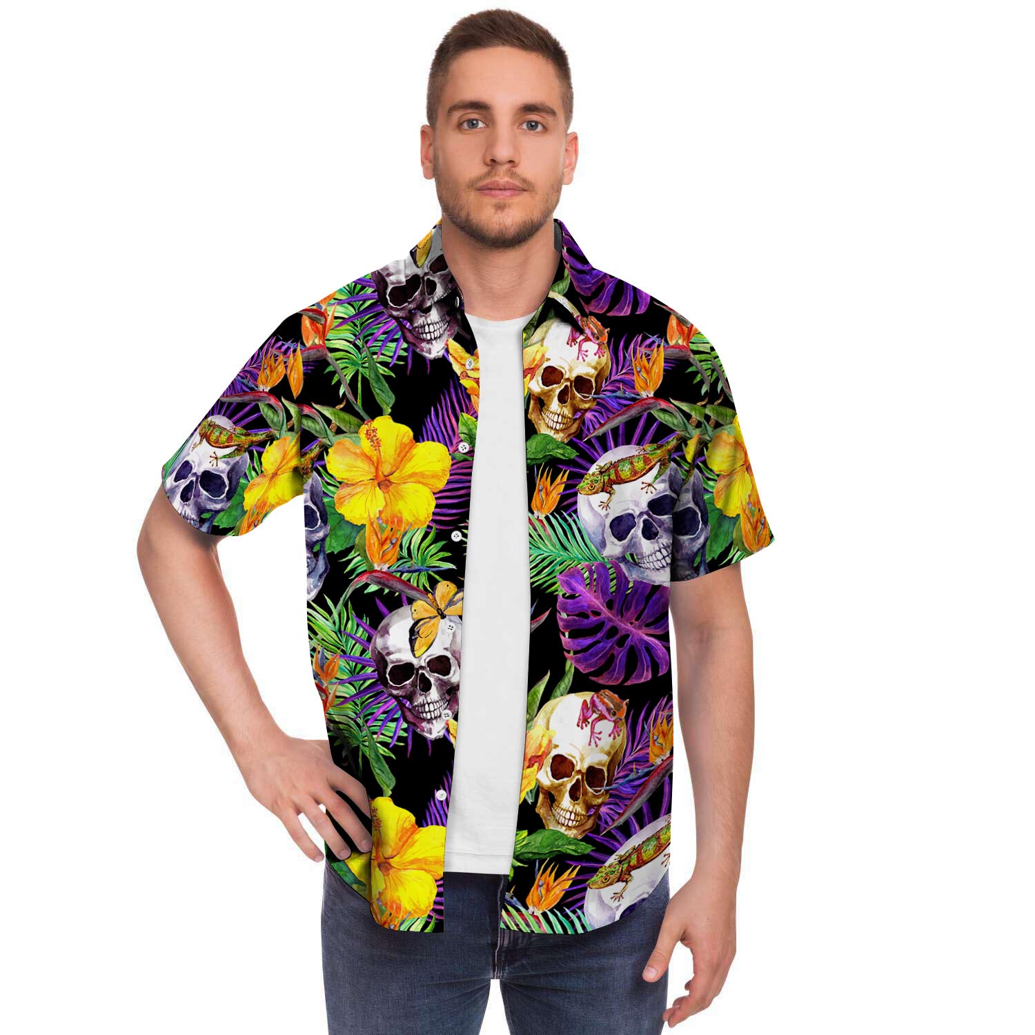 Tropical Hawaiian Skull Men's Short Sleeve Shirt-grizzshop