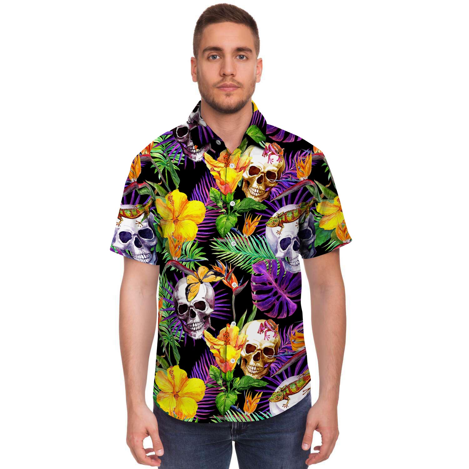 Tropical Hawaiian Skull Men's Short Sleeve Shirt-grizzshop