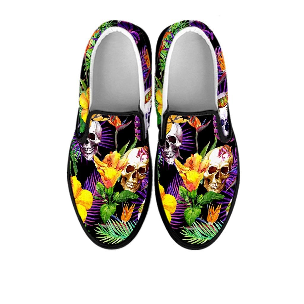 Tropical Hawaiian Skull Women's Slip On Sneakers-grizzshop