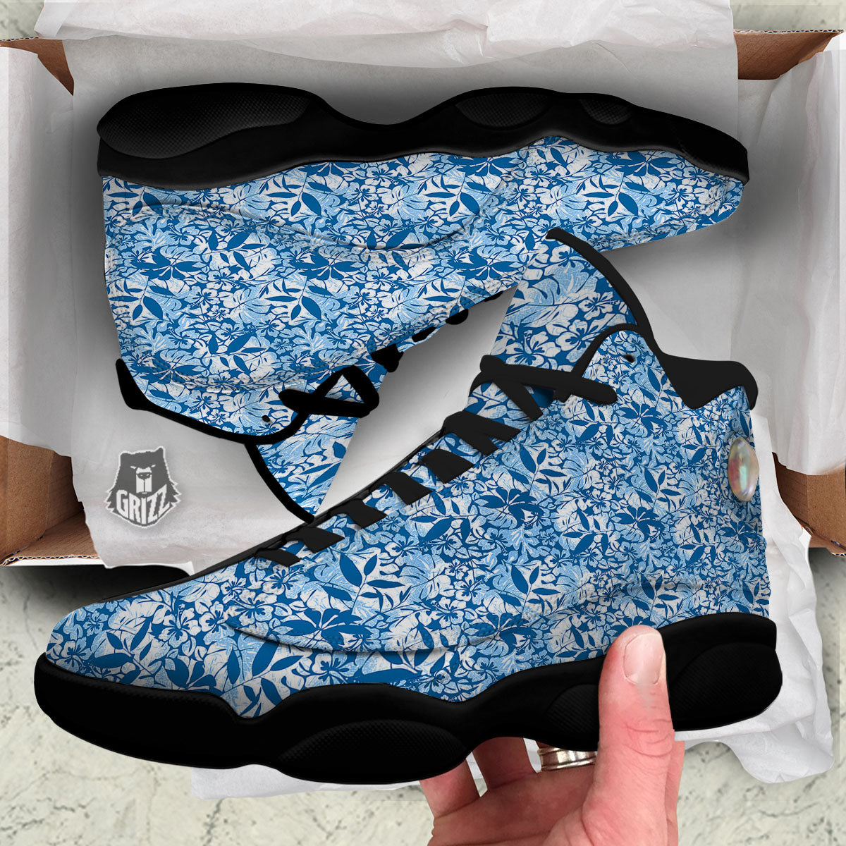 Tropical Hibiscus Blue Print Pattern Black Basketball Shoes-grizzshop