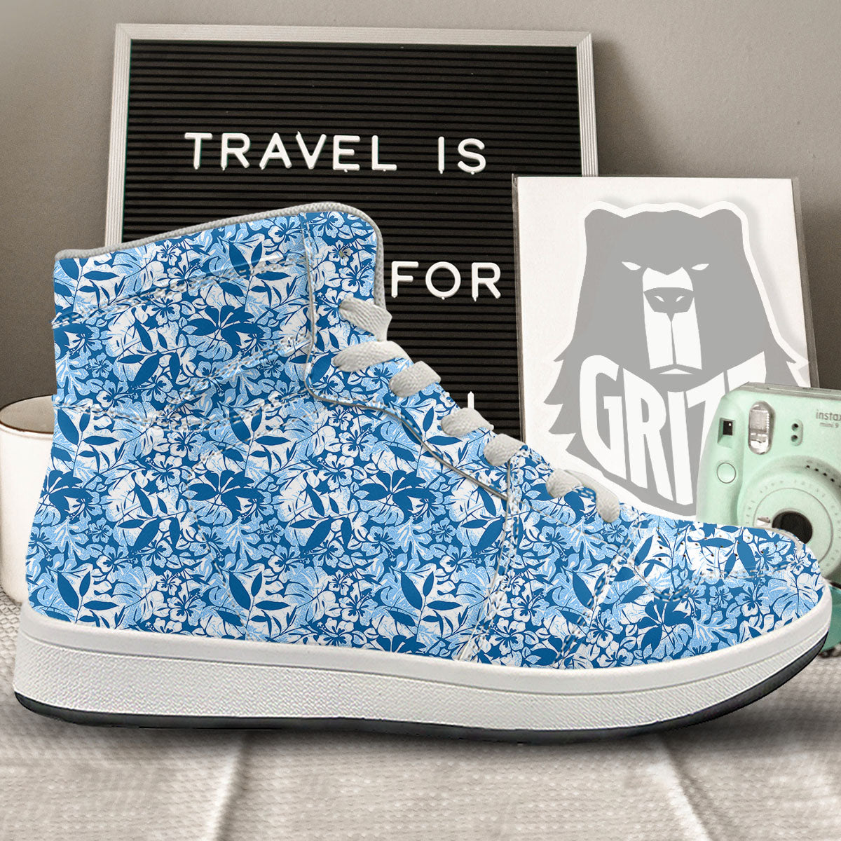 Tropical Hibiscus Blue Print Pattern High Top Sneakers-grizzshop