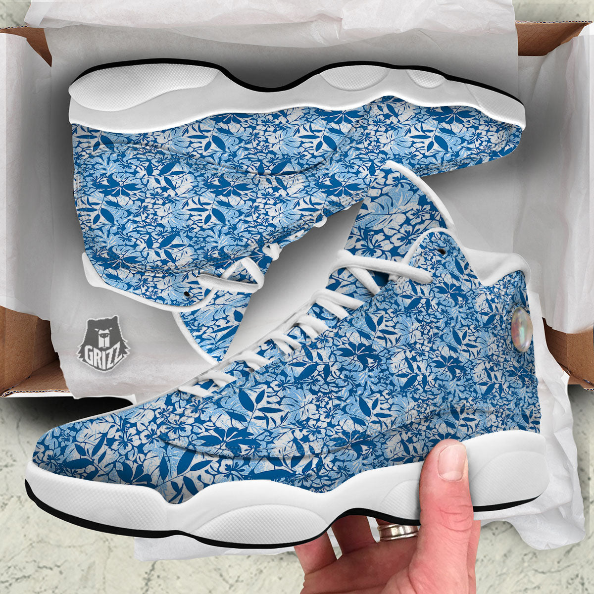 Tropical Hibiscus Blue Print Pattern White Basketball Shoes-grizzshop