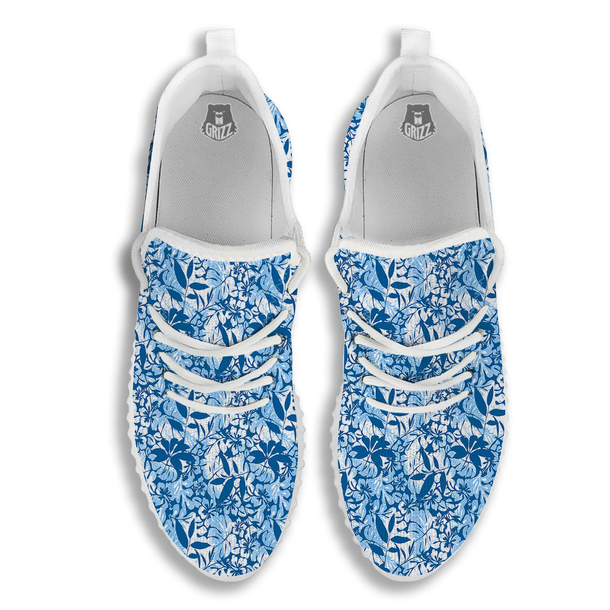 Tropical Hibiscus Blue Print Pattern White Walking Shoes-grizzshop