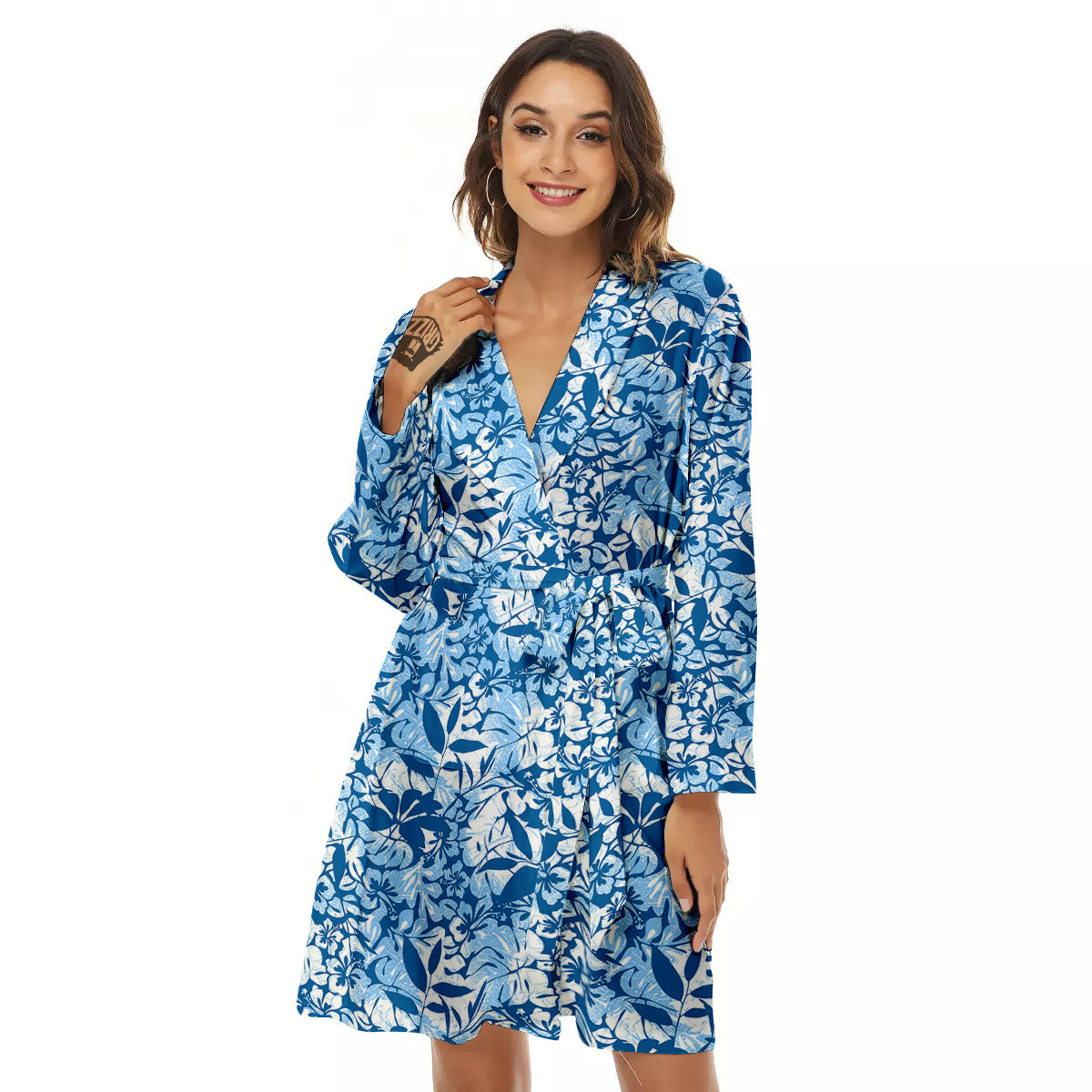Tropical Hibiscus Blue Print Pattern Women's Robe-grizzshop