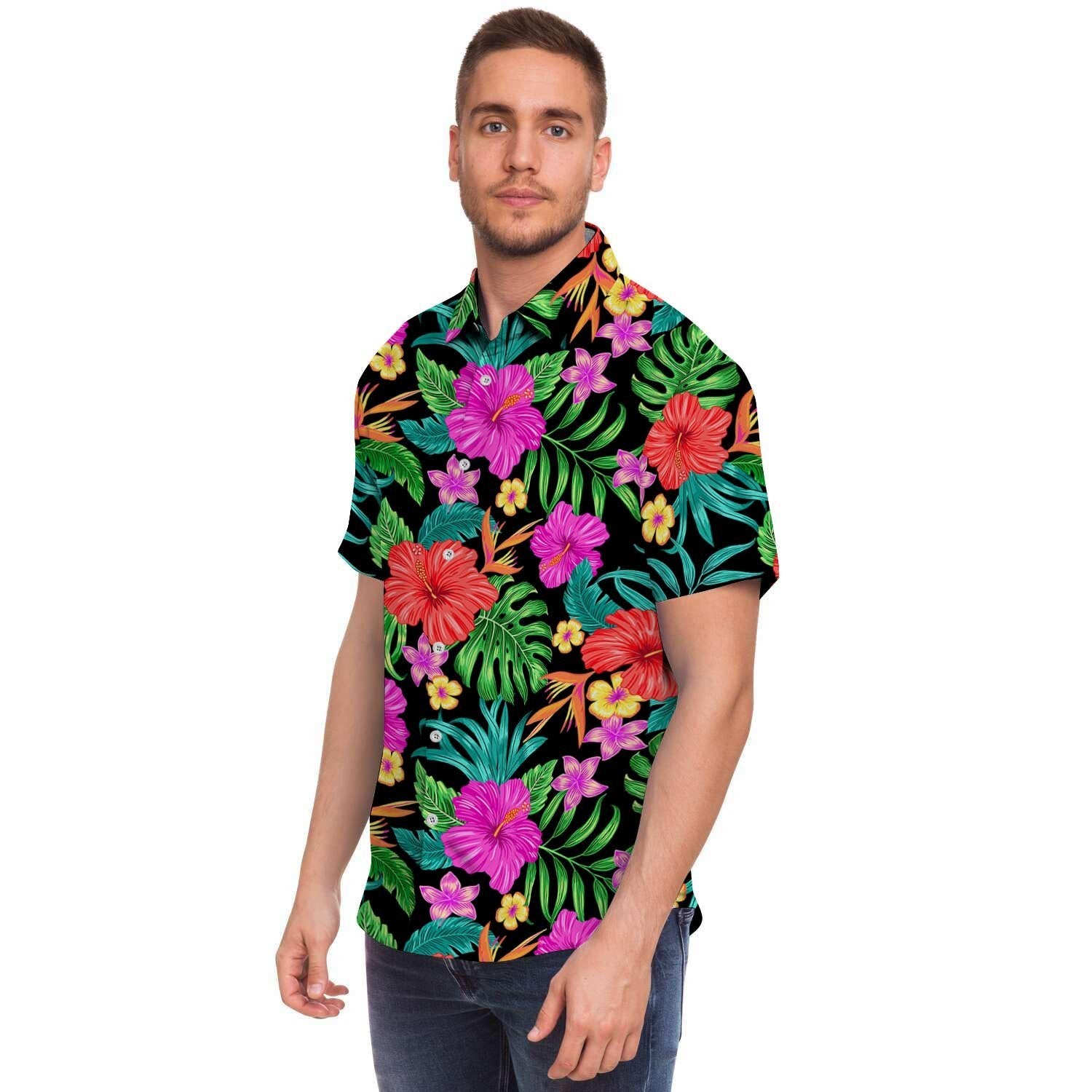 Tropical Hibiscus Floral Hawaiian Print Men's Short Sleeve Shirt-grizzshop