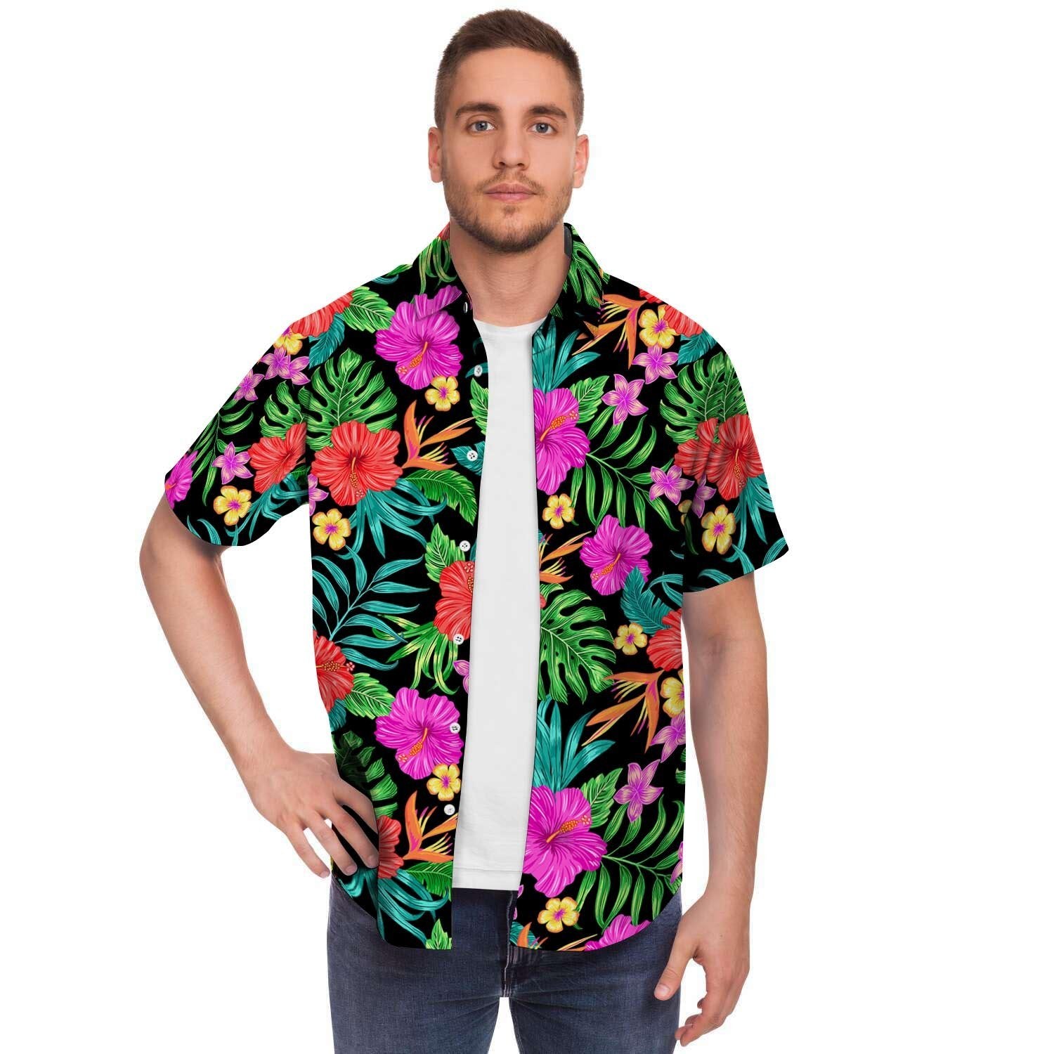 Tropical Hibiscus Floral Hawaiian Print Men's Short Sleeve Shirt-grizzshop