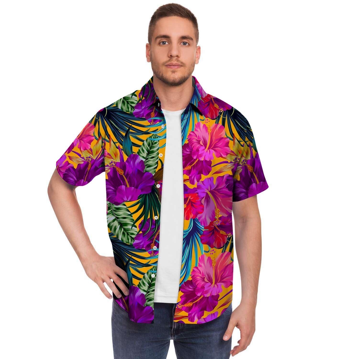 Tropical Hibiscus Flower Hawaiian Print Men's Short Sleeve Shirt-grizzshop