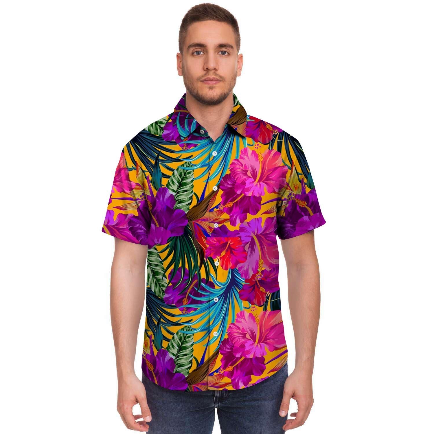 Tropical Hibiscus Flower Hawaiian Print Men's Short Sleeve Shirt-grizzshop