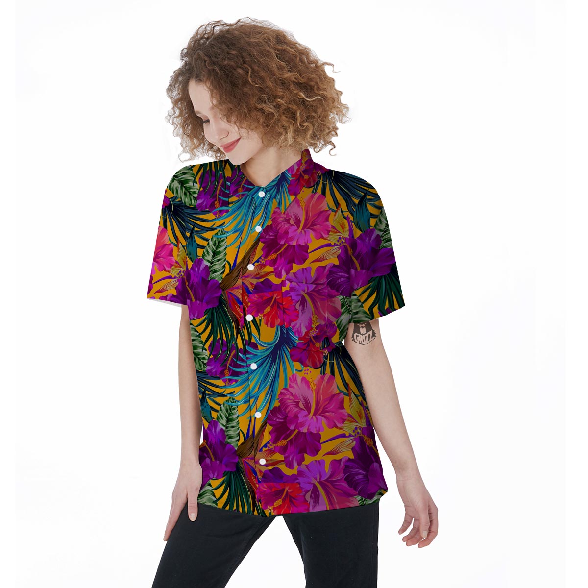 Tropical Hibiscus Flower Hawaiian Print Women's Short Sleeve Shirts-grizzshop
