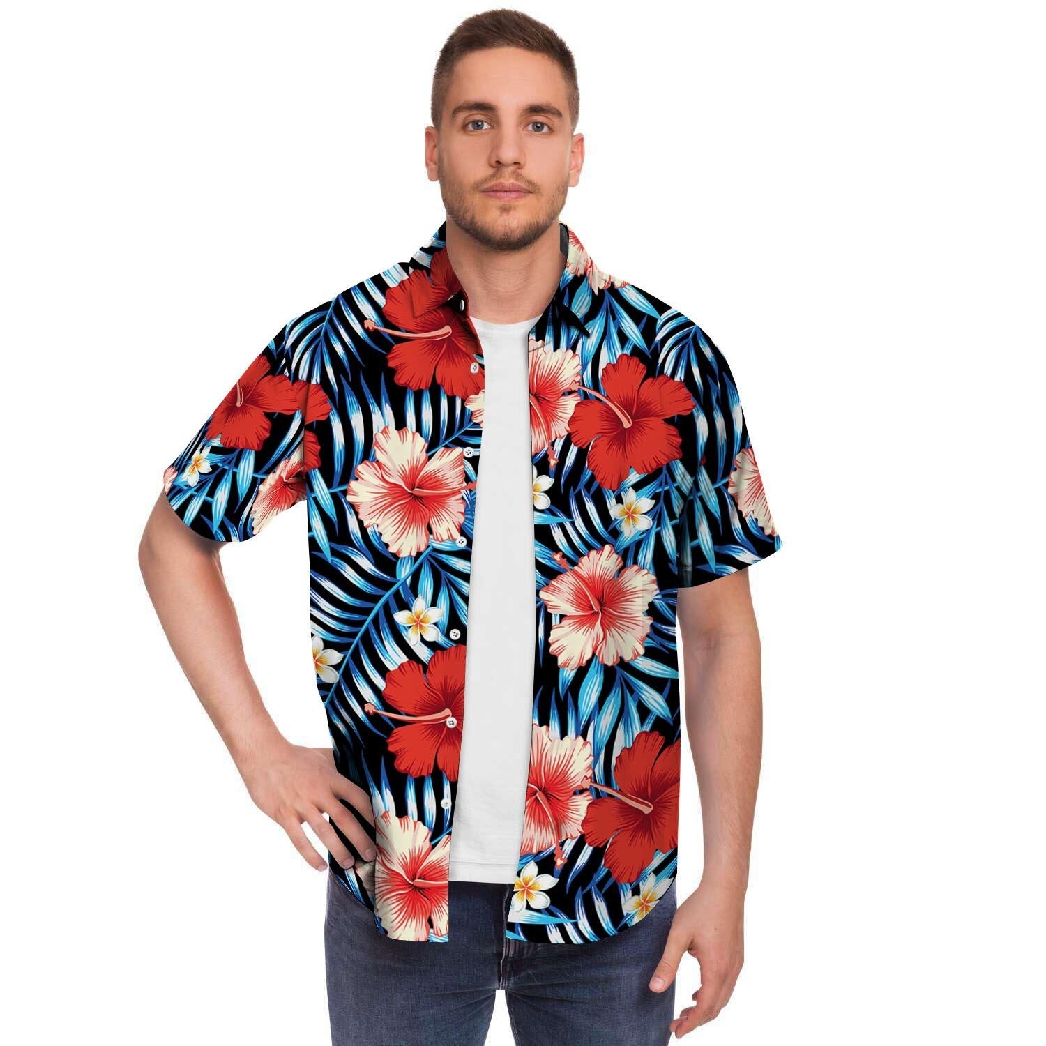 Tropical Hibiscus Flower Print Men's Short Sleeve Shirt-grizzshop