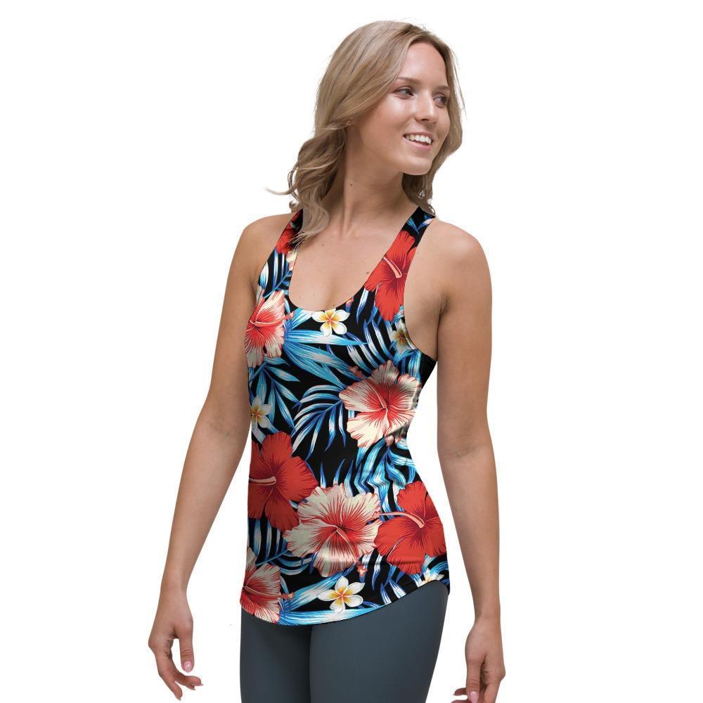 Tropical Hibiscus Flower Print Women's Racerback Tank Top-grizzshop