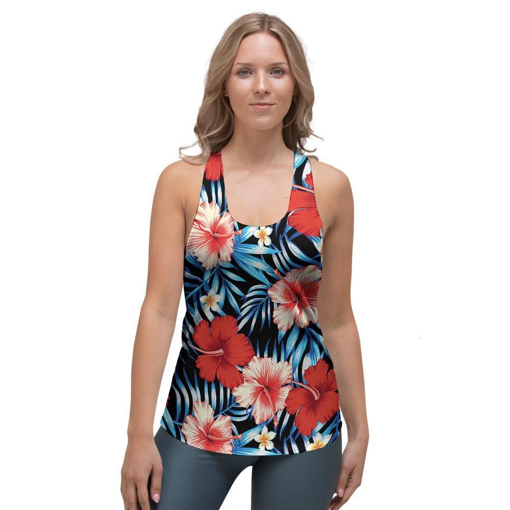 Tropical Hibiscus Flower Print Women's Racerback Tank Top-grizzshop