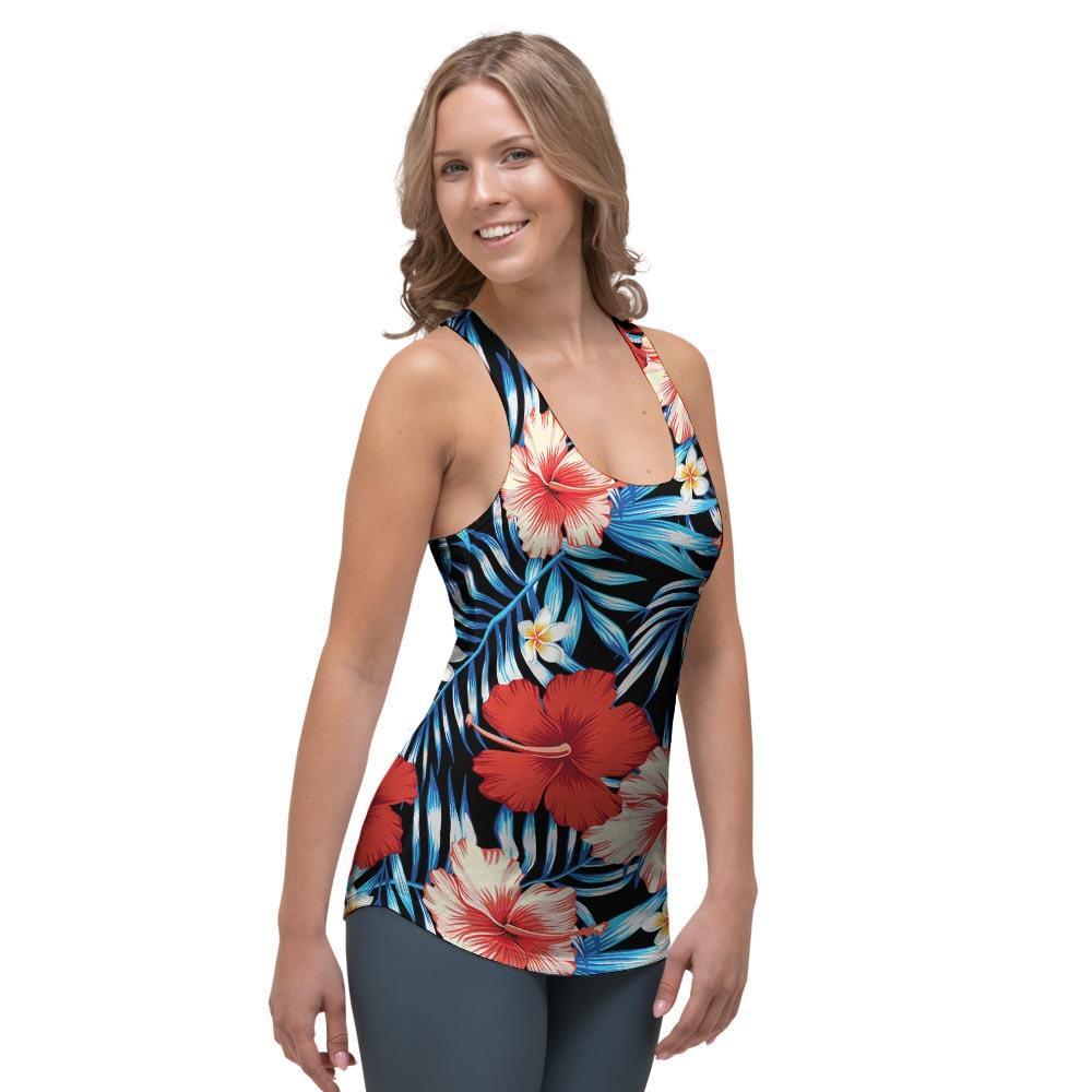 Tropical Hibiscus Flower Print Women's Racerback Tank Top-grizzshop